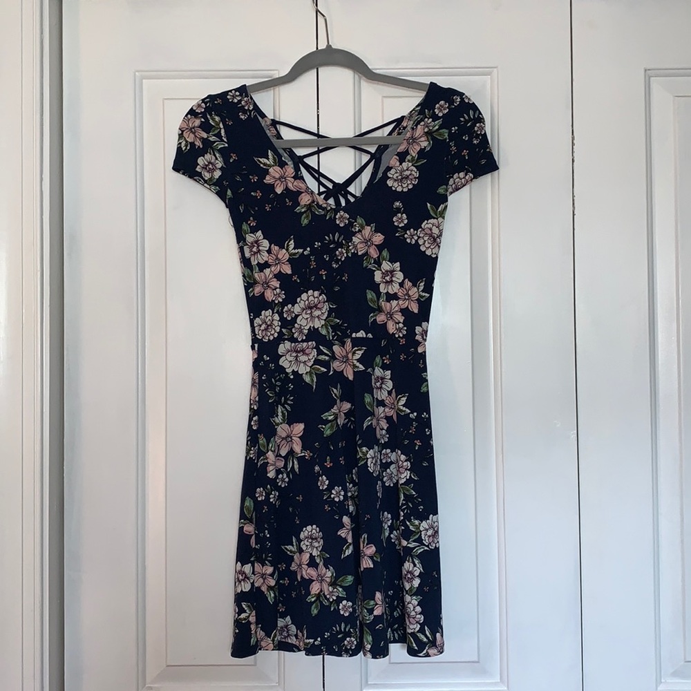 Navy blue floral dress with open back